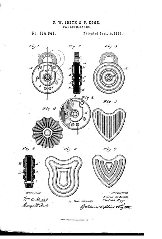 Patent drawing sheet showing nine figures of variously shaped padlock cases—round, heart-shaped, and shield-shaped—each with corrugated or ribbed surfaces, plus cross-sectional views labeled with letters A through E indicating shackle, bearings, and protecting plates.