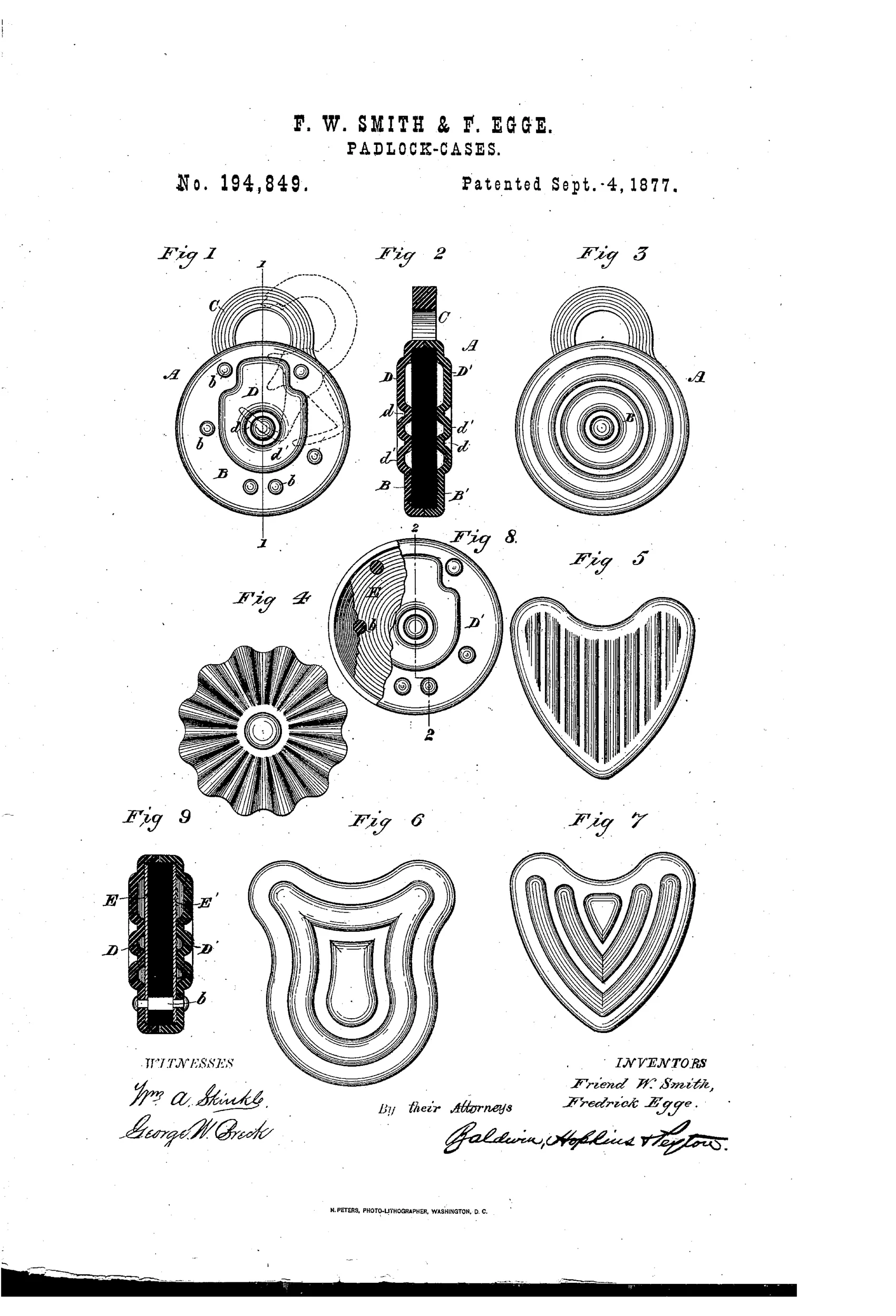 Patent drawing sheet showing nine figures of variously shaped padlock cases—round, heart-shaped, and shield-shaped—each with corrugated or ribbed surfaces, plus cross-sectional views labeled with letters A through E indicating shackle, bearings, and protecting plates.