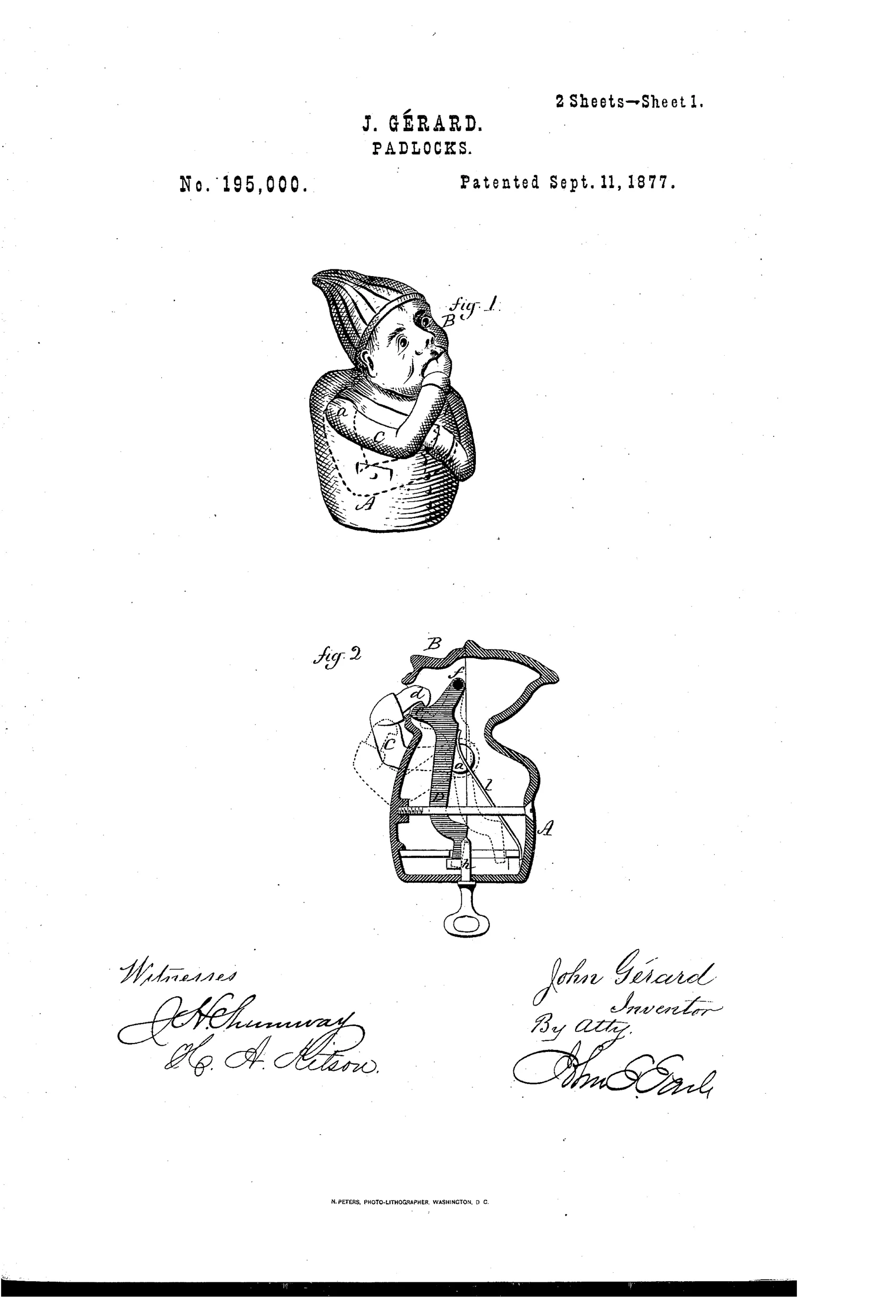 A whimsical padlock cast in the shape of a hooded child's head and shoulders, with one arm bent so the hooked hand is inserted into the open mouth to lock the shackle.