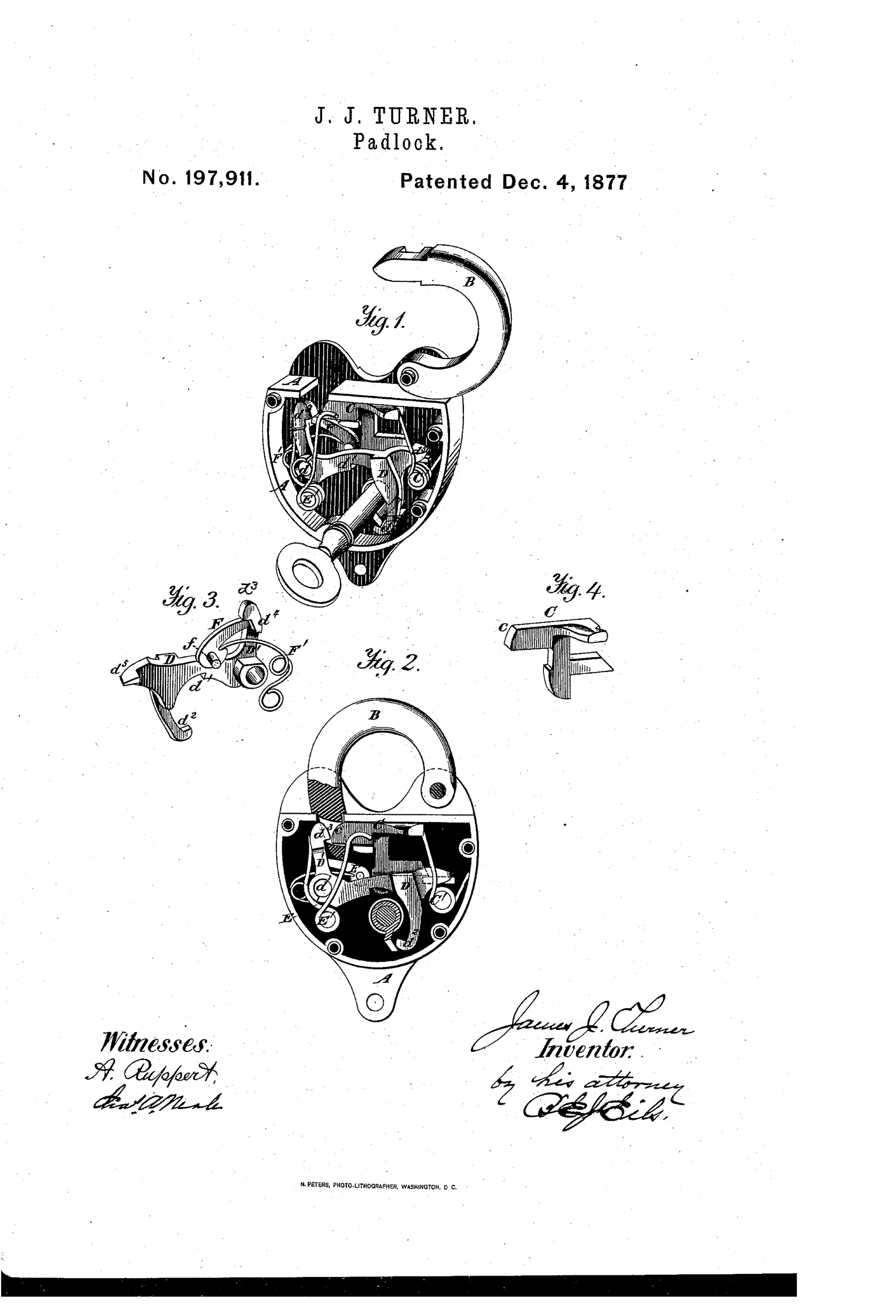 Patent drawing of a heart-shaped padlock showing the internal mechanism with a pivoted tumbler, hooked arm, sliding bolt, springs, and a key inserted into the keyhole, alongside separate detail views of the tumbler/pawl assembly and the bolt.