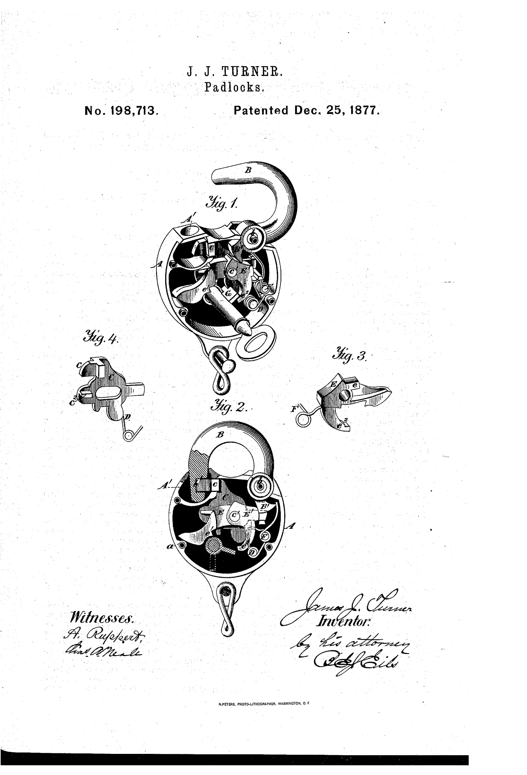 Patent drawing of a padlock with a curved shackle and round case, showing internal bolt, tumbler, and key mechanism in Fig. 1 and Fig. 2, with two small detail views (Fig. 3 and Fig. 4) of the tumbler component.