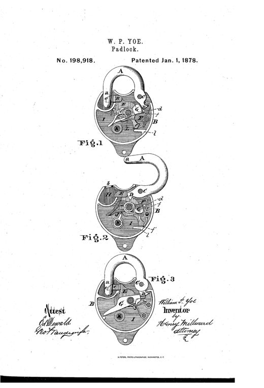 Three sectional elevation drawings of a padlock showing internal mechanism including a pivoted shackle, spring-loaded lock-bolt, swinging dog, and key pin, labeled with letters A through L across Figures 1, 2, and 3.