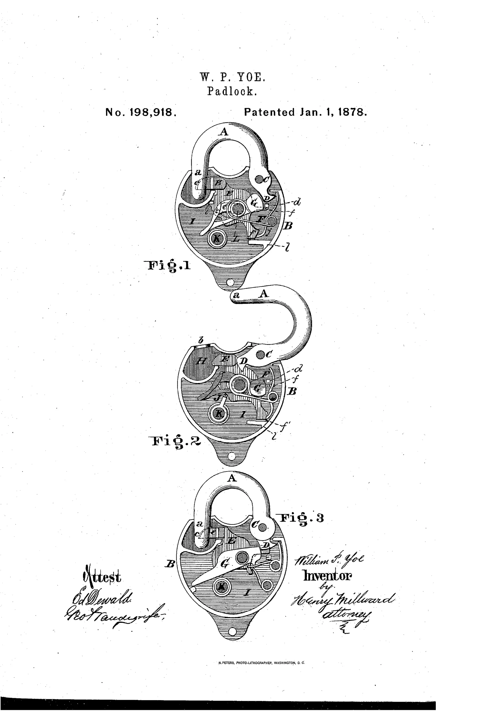 Three sectional elevation drawings of a padlock showing internal mechanism including a pivoted shackle, spring-loaded lock-bolt, swinging dog, and key pin, labeled with letters A through L across Figures 1, 2, and 3.