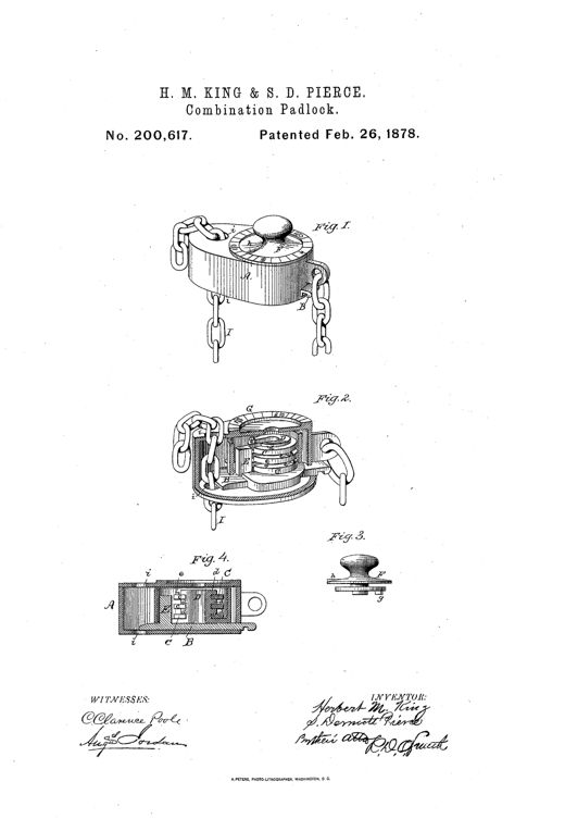 Patent drawing of a round combination padlock with a chain looped through two side holes, a dial and knob on top, and internal cutaway views revealing nested permutation rings and a locking bolt.