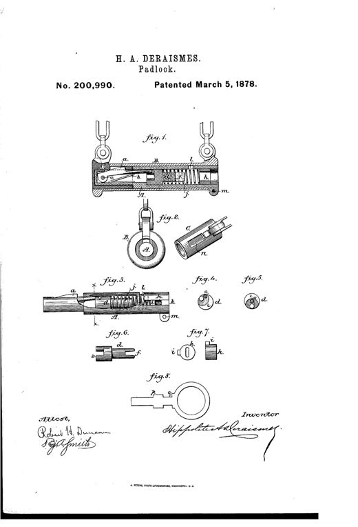 Patent drawing of a tubular padlock showing a cylindrical lock case with a U-shaped shackle, internal cross-section revealing the bolt, spring, cam spindle and tumbler, plus separate detail views of the sliding clasp, spindle, tumbler, and a flat key with notched stem.