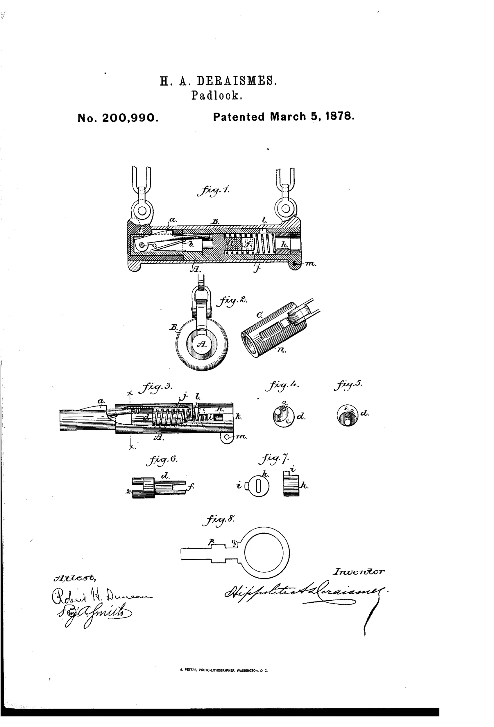 Patent drawing of a tubular padlock showing a cylindrical lock case with a U-shaped shackle, internal cross-section revealing the bolt, spring, cam spindle and tumbler, plus separate detail views of the sliding clasp, spindle, tumbler, and a flat key with notched stem.