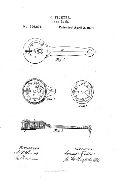 Patent drawing of a hasp-lock showing a long hasp arm H attached to a circular lock case c containing an internal bolt mechanism with tumblers, teeth, and a staple, alongside a cross-sectional view and an inverted bolt view labeled Fig. 1 through Fig. 4.