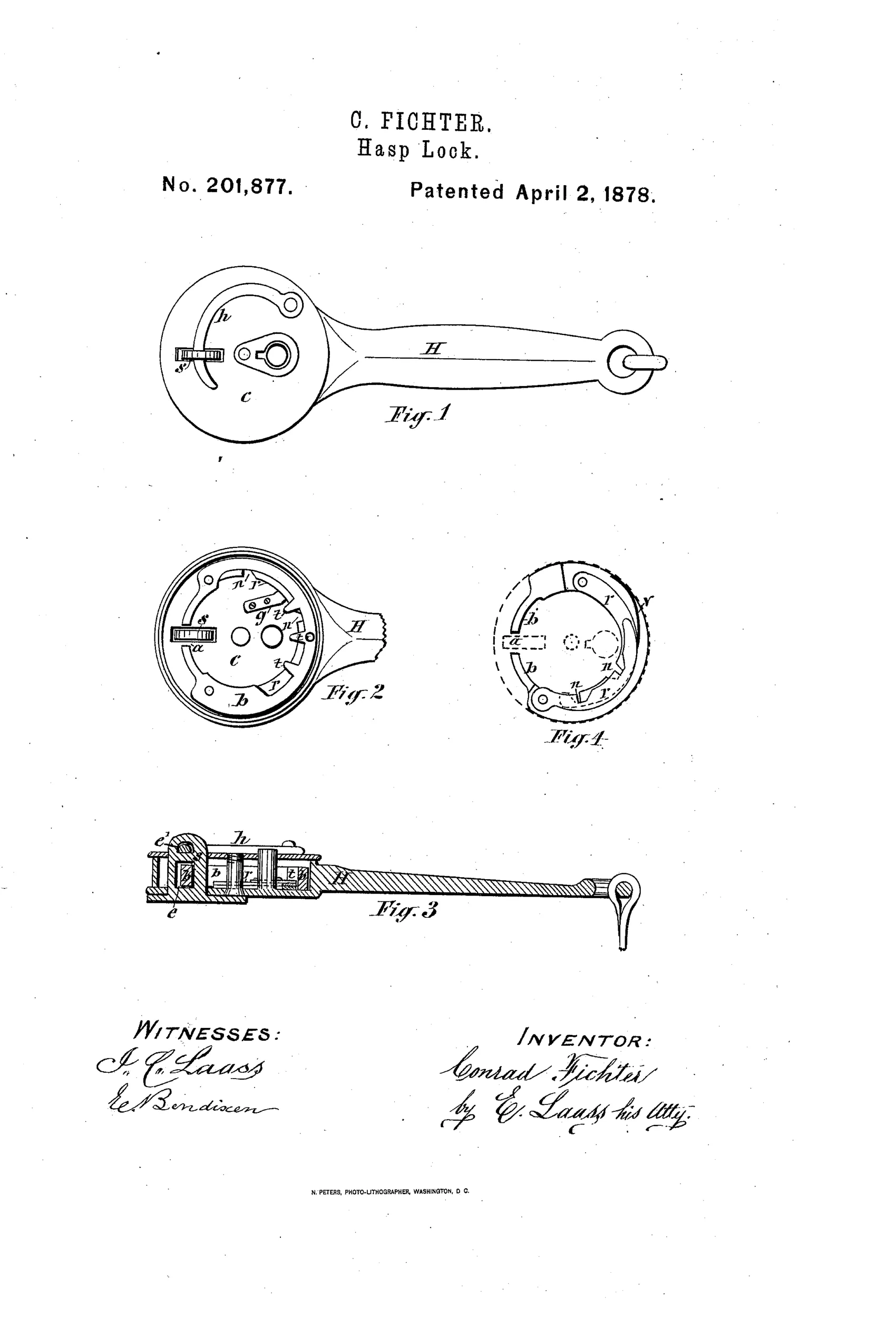 Patent drawing of a hasp-lock showing a long hasp arm H attached to a circular lock case c containing an internal bolt mechanism with tumblers, teeth, and a staple, alongside a cross-sectional view and an inverted bolt view labeled Fig. 1 through Fig. 4.
