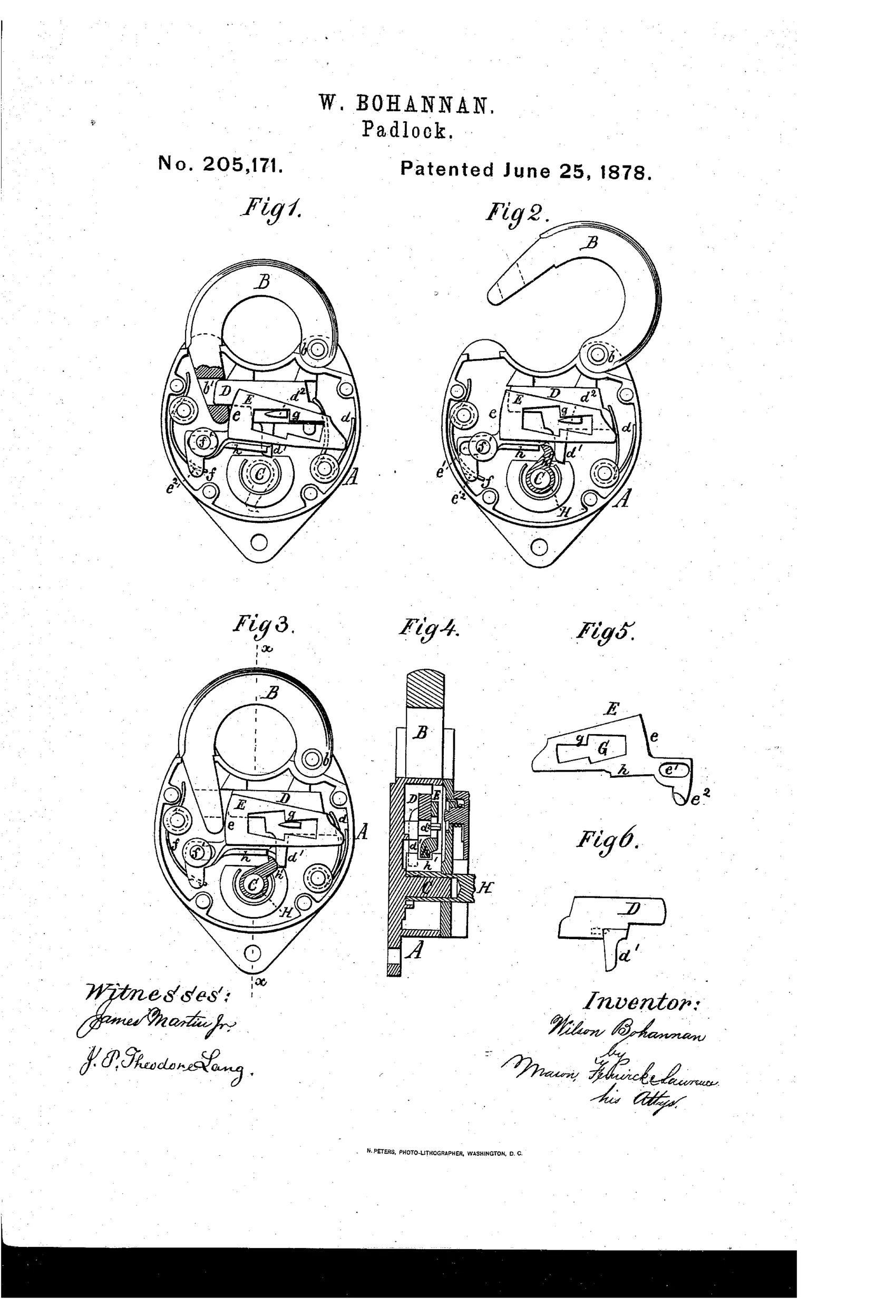 Patent drawing of a heart-shaped padlock case with a pivoted curved shackle, internal spring-loaded bolt and tumbler mechanism, and separate detail views of the tumbler and bolt components.