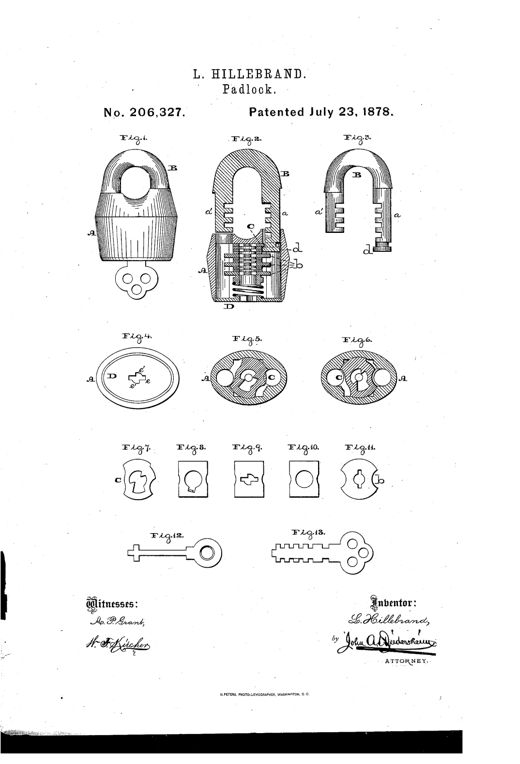 Patent drawing of a padlock showing its rounded U-shaped shackle, internal bolt mechanism in cross-section, lock cover with a cross-shaped keyhole, and two distinct flat keys used to operate the locking bolts and an independent shackle-retaining bolt.
