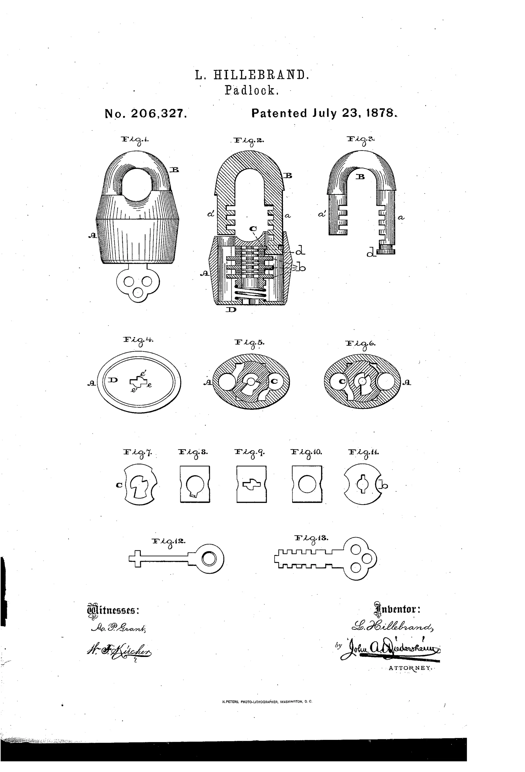 Patent drawing of a padlock showing its rounded U-shaped shackle, internal bolt mechanism in cross-section, lock cover with a cross-shaped keyhole, and two distinct flat keys used to operate the locking bolts and an independent shackle-retaining bolt.