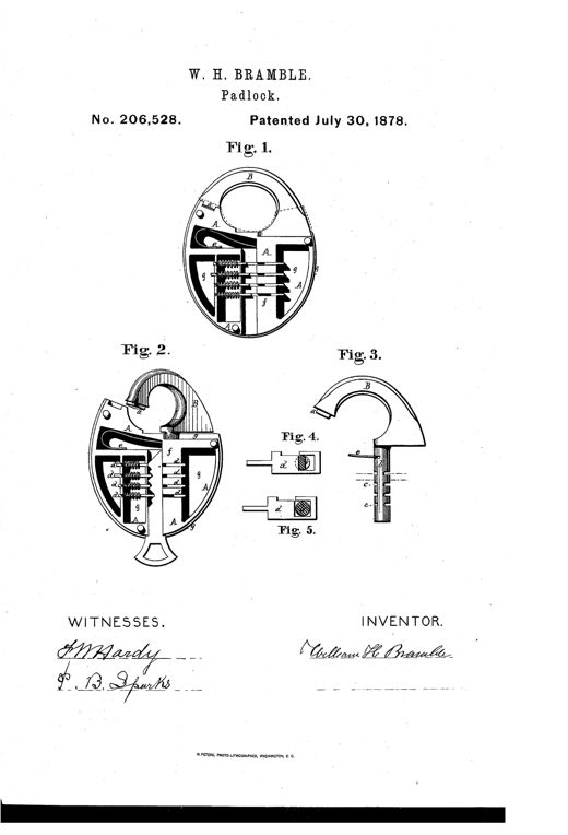 Patent drawing of an oval cast-iron padlock shown with its side plate removed, revealing a central shackle spindle surrounded by spring-loaded sliding tumblers, alongside separate views of the shackle and tumbler details.