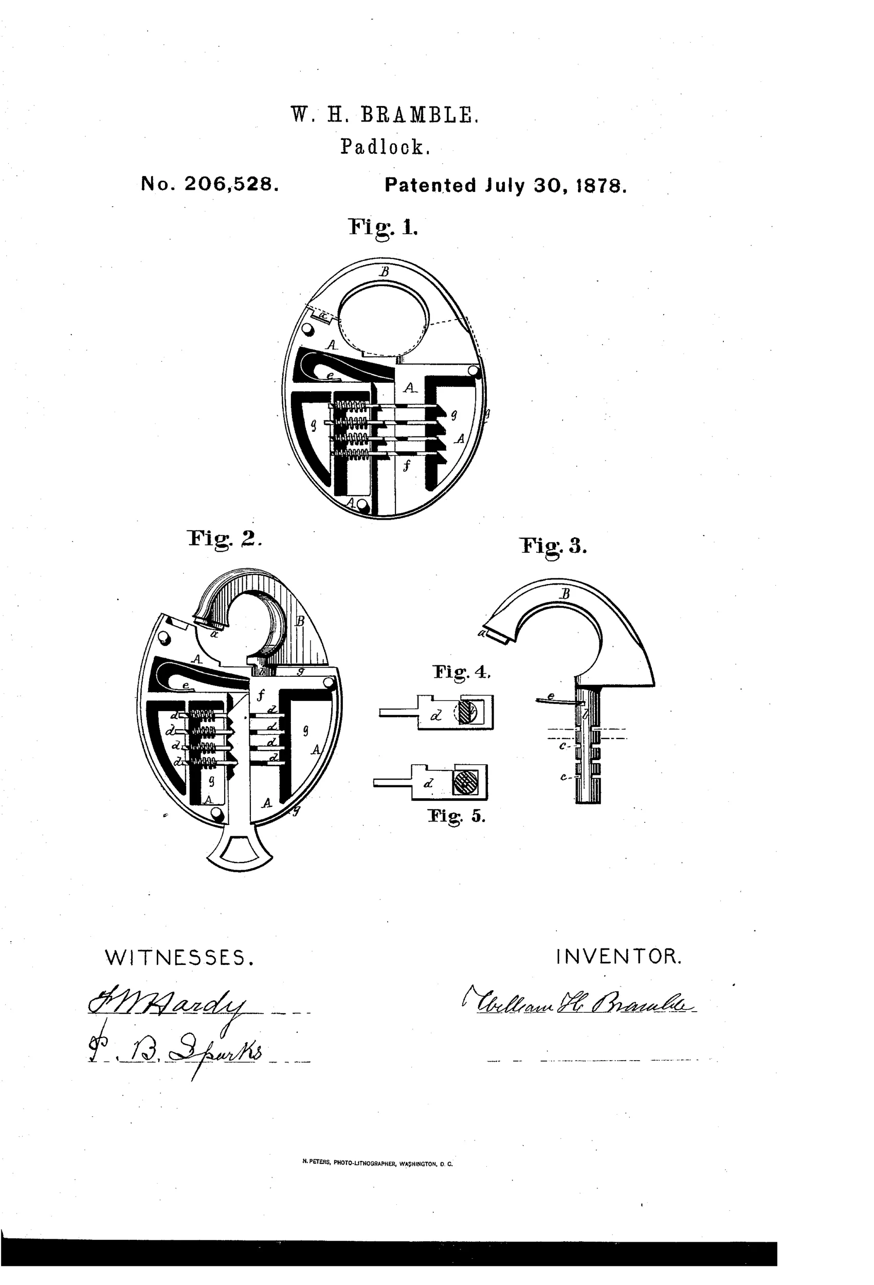 Patent drawing of an oval cast-iron padlock shown with its side plate removed, revealing a central shackle spindle surrounded by spring-loaded sliding tumblers, alongside separate views of the shackle and tumbler details.