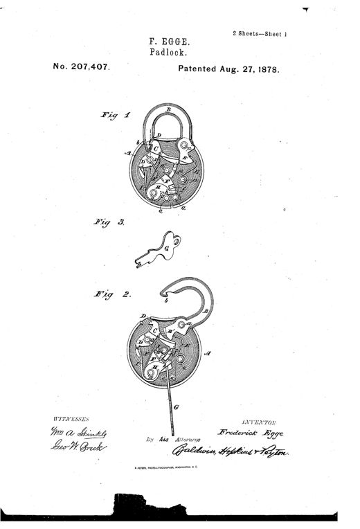 Patent drawing of a round padlock showing internal hooked dog, tumbler springs, and lettered parts, with a separate flat push key and cutaway views of the shackle open and closed.