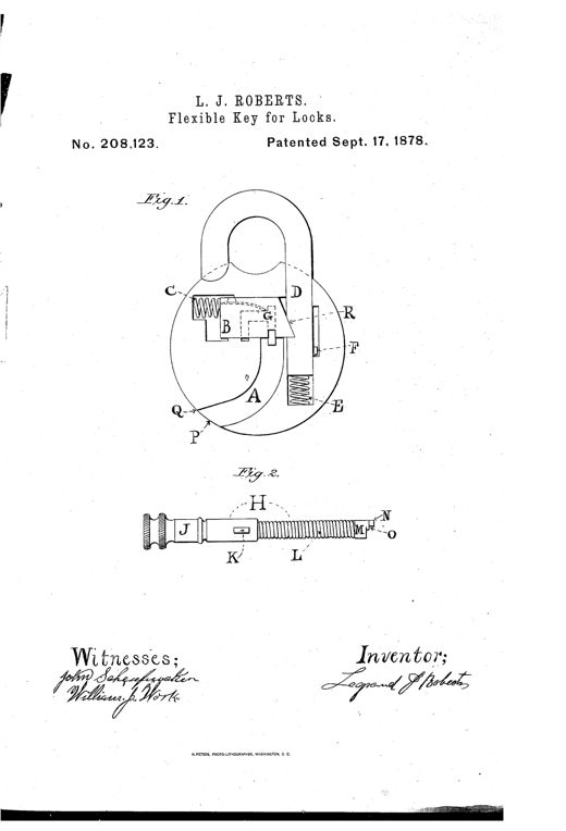 Patent drawing of a padlock-like lock mechanism (Fig. 1) with a curved internal passage, bolt, staple, and springs labeled A through R, alongside a flexible key (Fig. 2) with a handle, coiled wire shank, and toothed head labeled H through O.