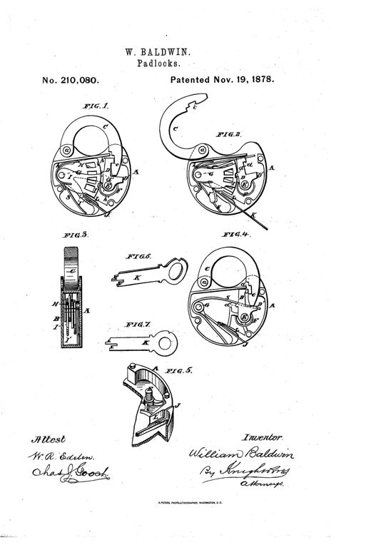 Patent drawing sheet showing a heart-shaped padlock with internal spring tumblers, a hinged shackle, and two flat keys with stepped bits, labeled with reference letters for the case, dog, tumblers, and springs.