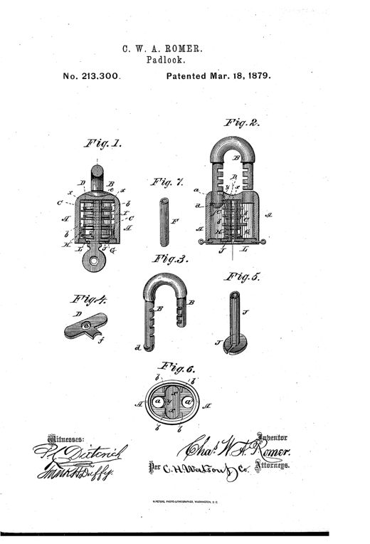 Patent drawing of a padlock showing cross-sections of the shell with tumblers, the U-shaped shackle with a lug, a locking-plate, key-tube, and an inverted view of the case.