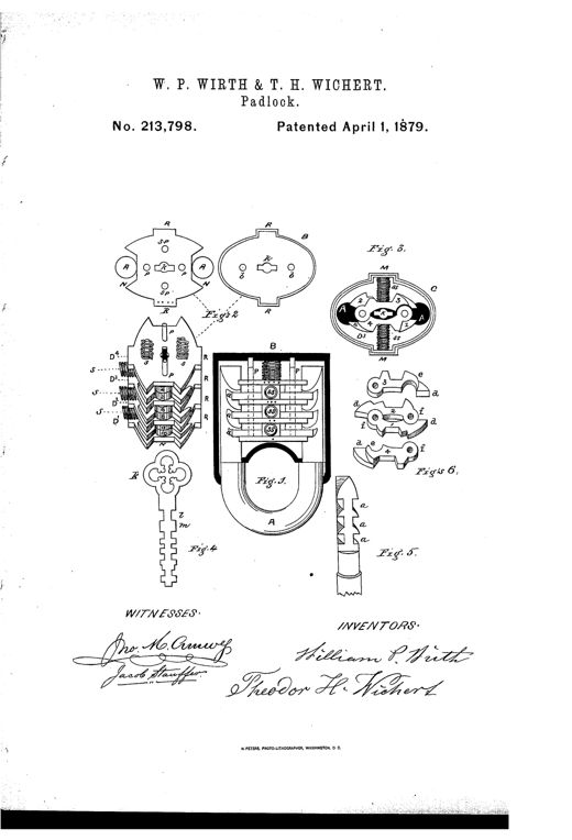Patent drawing showing a padlock's oval case with U-shaped notched shackle, internal stacked latch plates with springs, and an ornate warded key.