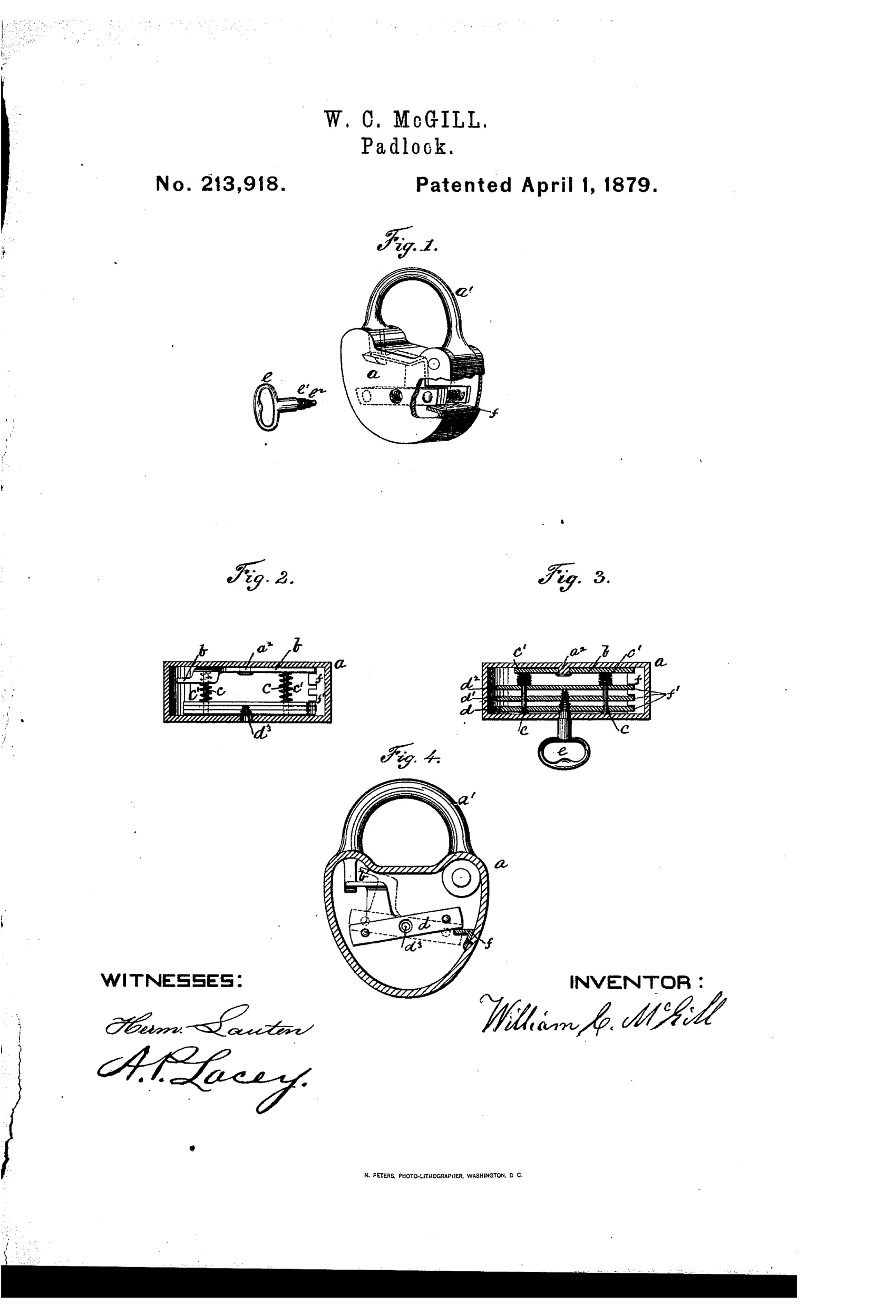Patent drawing of a padlock showing its rounded shackle and body in Figure 1 alongside a tapered screw-key, with internal cross-section views in Figures 2 and 3 revealing a row of sliding threaded tumblers and springs, and Figure 4 showing the lock's interior lever and bolt mechanism with the side plate removed.