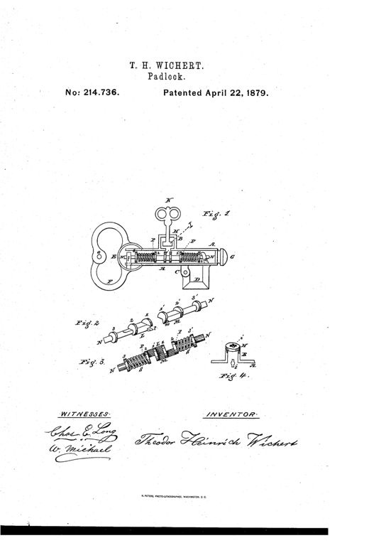 Patent drawing of a cylindrical padlock with a heart-shaped hasp on the left, a key inserted into a raised chamber on top, and cutaway views below showing two interlocking sliding bolts with flanges and coiled springs.