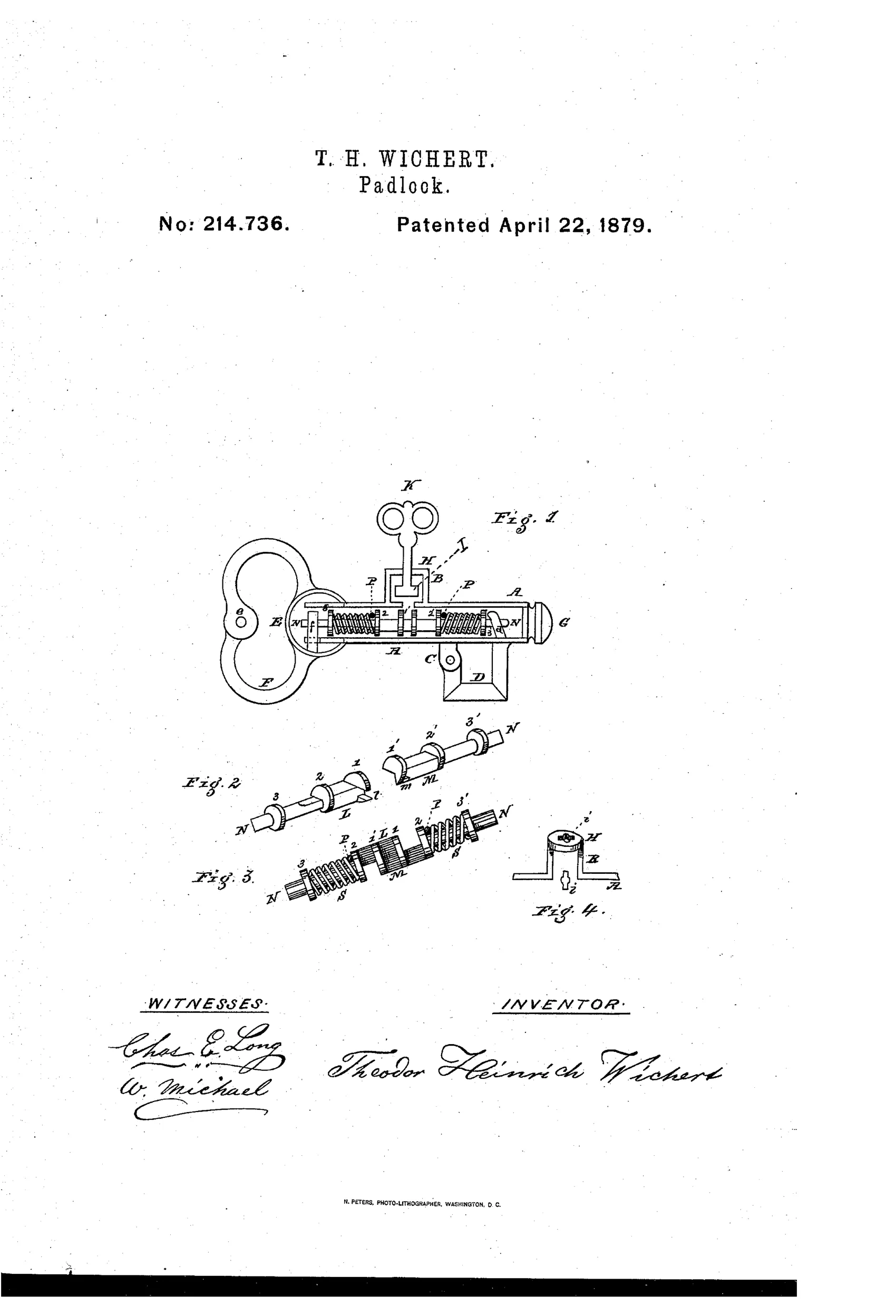 Patent drawing of a cylindrical padlock with a heart-shaped hasp on the left, a key inserted into a raised chamber on top, and cutaway views below showing two interlocking sliding bolts with flanges and coiled springs.