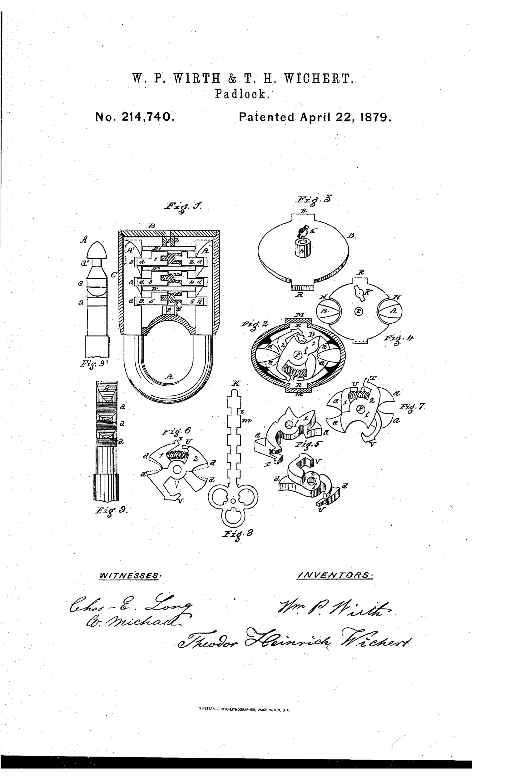 Patent drawing showing a padlock's internal cross-latch mechanism, a U-shaped shackle, a warded key, and several small toothed latch pieces labeled with reference letters.