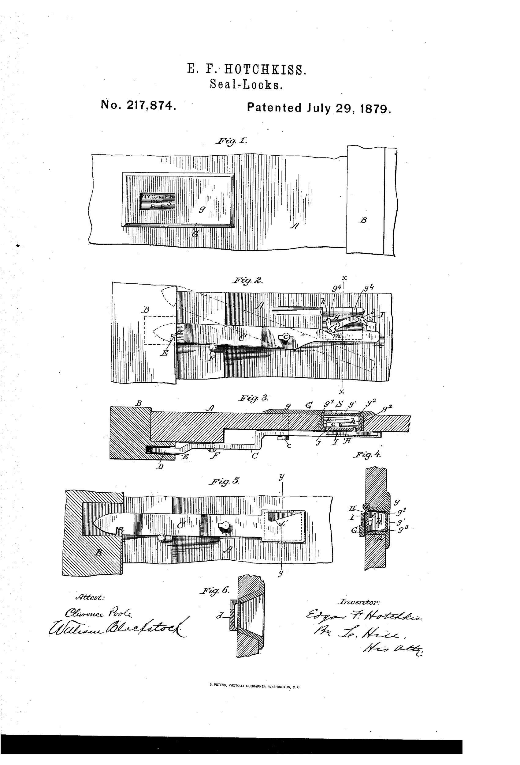 Patent drawing of a freight-car door seal-lock showing an outer face-plate with a rectangular seal window labeled g, an inner latch-bar and hinged plate mechanism with pivoted lever and knob, and sectional views revealing the box-shaped metal seal-frame with shoulders holding a glass or wax seal.