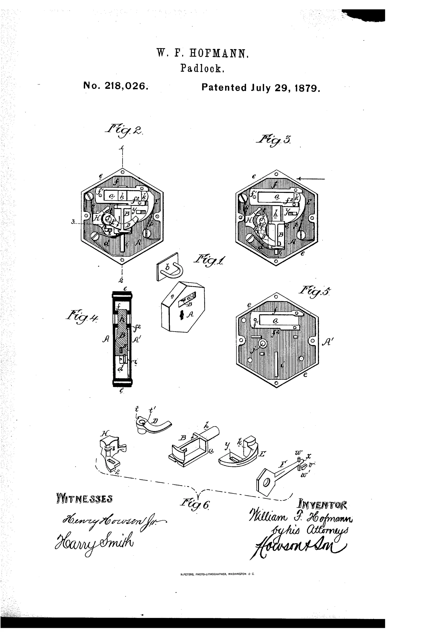 Patent drawing of a hexagonal padlock showing internal bolt, tumbler, spring-trigger plate, curved operating arm, and a key with notched projections, alongside an exterior perspective view of the locked case with staple.