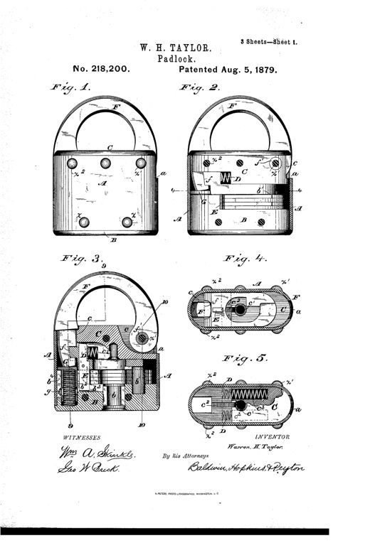 Patent drawing of a padlock showing its rounded shackle, tubular metal shell, and internal locking mechanism with lever tumblers, bolt, and springs in cross-section.