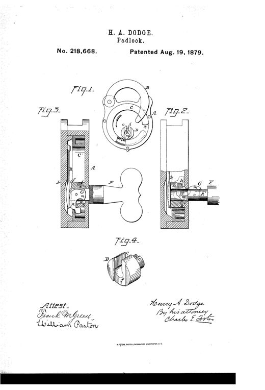 Patent drawing of a round padlock with a hinged hasp (Fig. 1), two enlarged cross-sections of the internal bolt and key mechanism (Figs. 2 and 3), and a perspective view of the notched key cylinder (Fig. 4).
