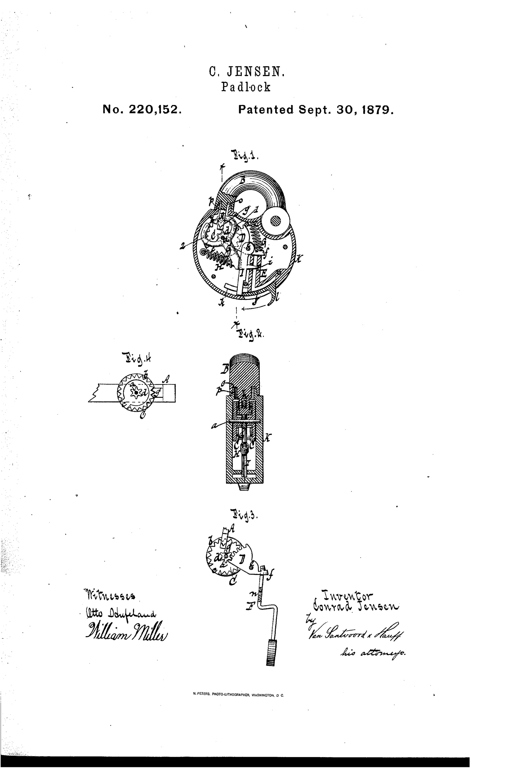 Patent drawing of a padlock showing an internal rotating notched disk, gear segment, spring, anchor, and key mechanism in cross-section, with a shackle and a separate bent key illustrated below.