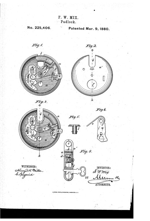 Technical patent drawing showing the circular internal mechanism of a padlock with a curved vibrating bolt, pivoted lever, spring-loaded blocking piece, and a separate key-post and tumbler piece, alongside a cross-section view showing a barrel key inserted into the lock.