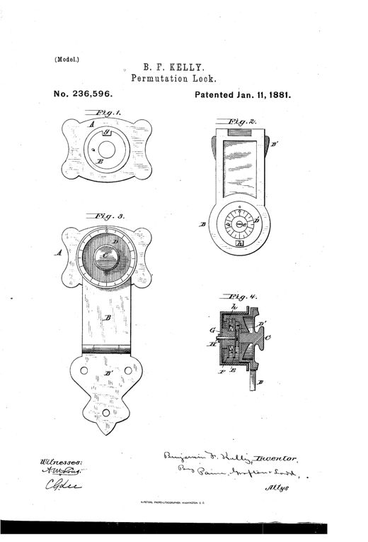 Patent drawing showing four views of a trunk permutation lock: a scalloped cover plate with tumbler recess, a hinged hasp with numbered dial and knob, the closed locked assembly, and a cross-sectional view revealing internal tumblers and pins.