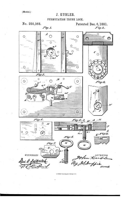Patent drawing showing a trunk lock assembly with a front plate containing a keyhole and rotary bolt, a hinged hasp with a lettered permutation dial, internal lever and bolt mechanisms on the reverse plate, and separate detail views of a bit key and small locking plates.