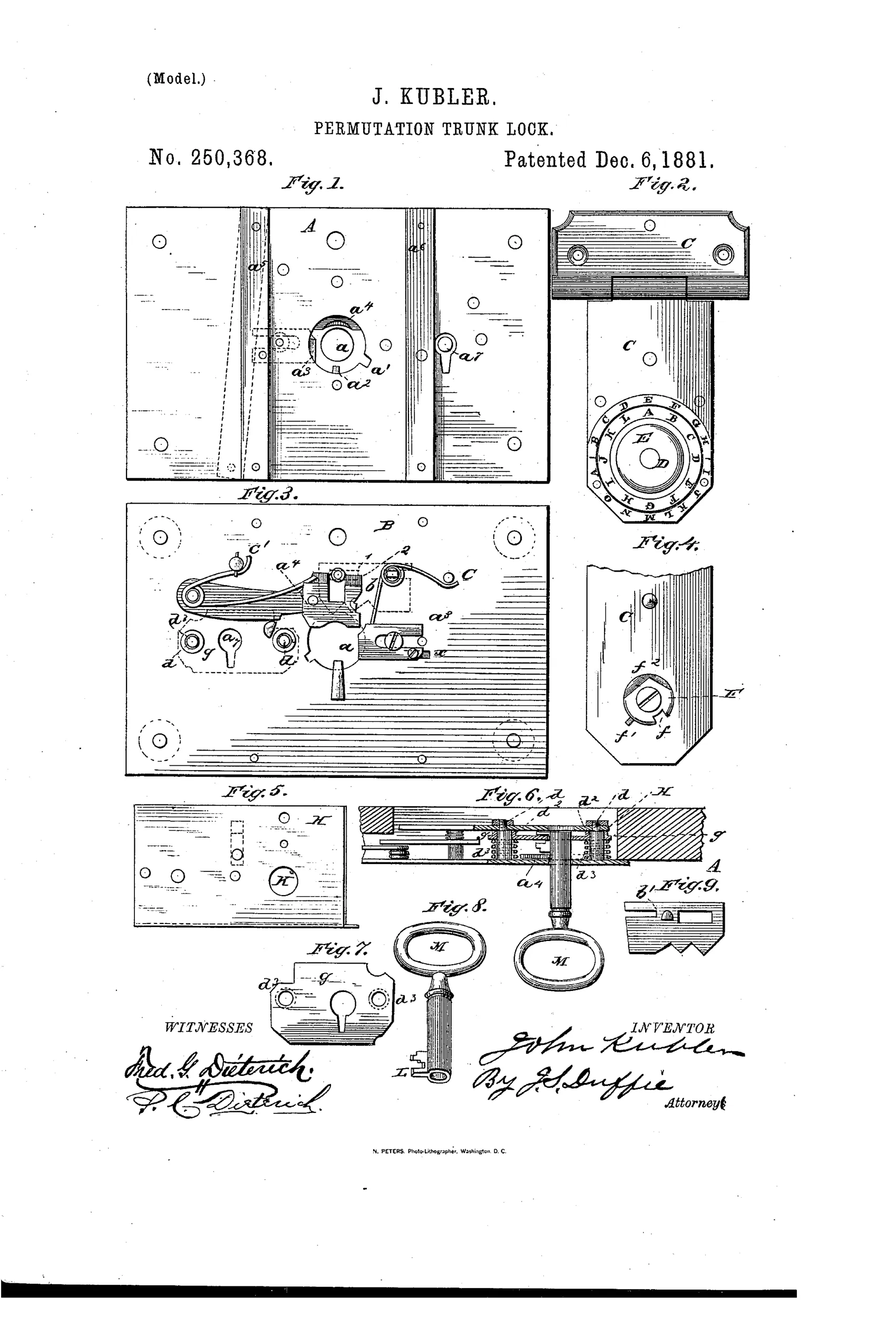 Patent drawing showing a trunk lock assembly with a front plate containing a keyhole and rotary bolt, a hinged hasp with a lettered permutation dial, internal lever and bolt mechanisms on the reverse plate, and separate detail views of a bit key and small locking plates.