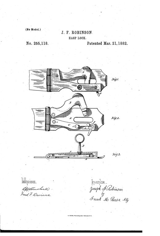 Patent drawing of a combined hasp lock showing three views: a plan view of the assembled hasp with pivoted hammer, an exploded plan view revealing the internal locking bar and pawl mechanism, and a side edge view showing the key engaging the locking bolt.