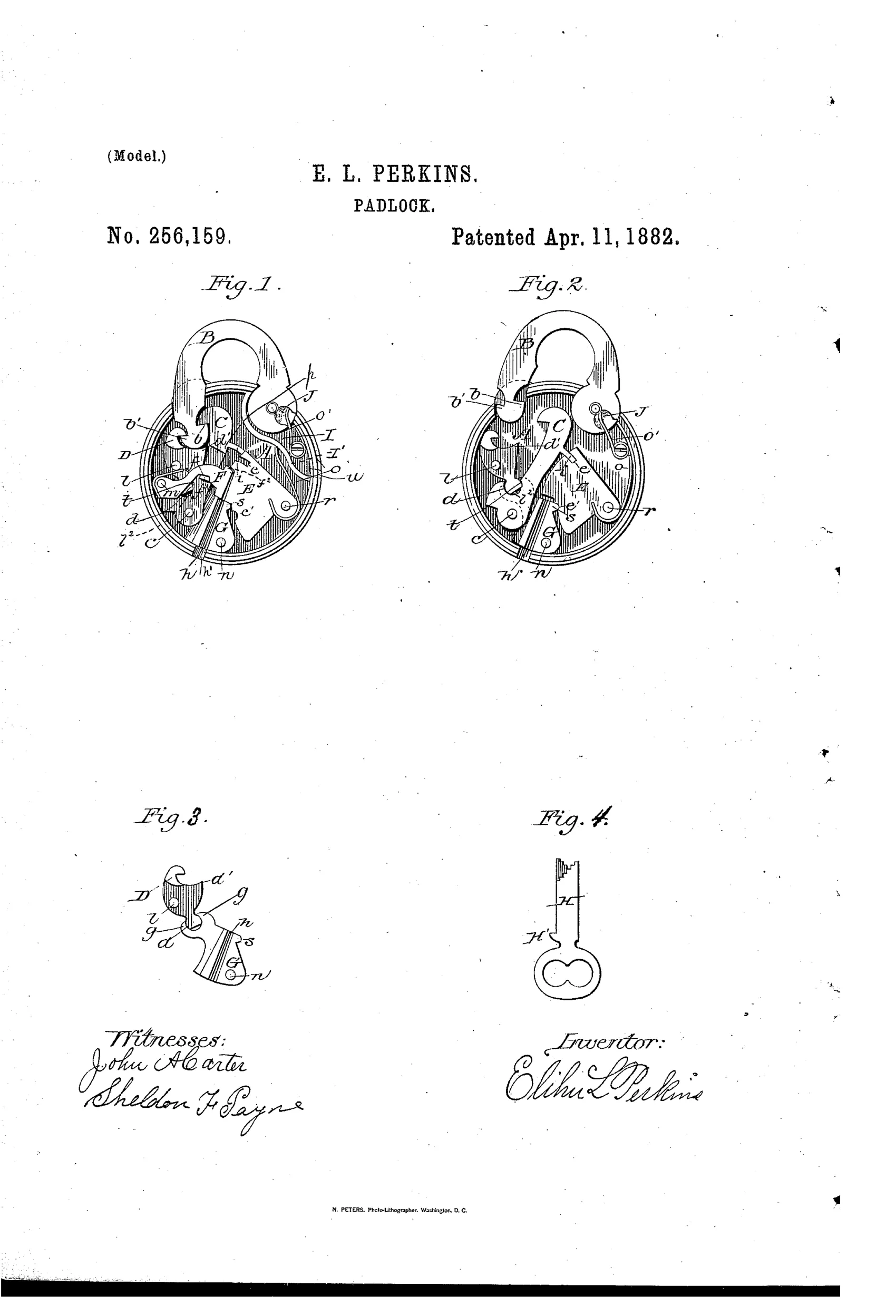 Patent drawing of a padlock with the side wall removed, showing an arched shackle, two hooked dogs labeled C and D engaging catches on the shackle, a slotted plate-lever G, tumblers E and F, and a separate detail view of a bit key with a notched blade.