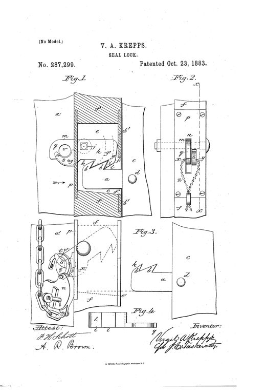 Patent drawing showing a freight car door lock with a hatched bolt and pivoting hook catch mechanism in cross-section, plus side and front elevations and a small inverted catch plan view.