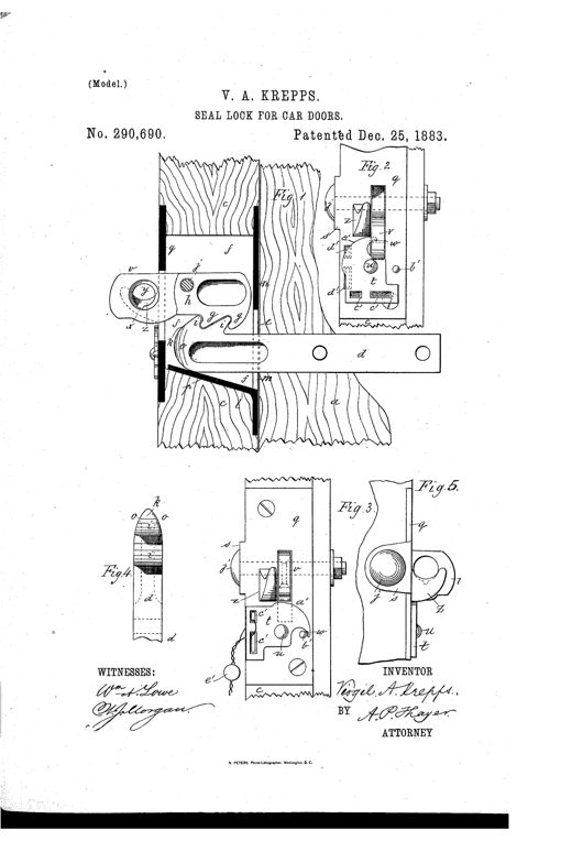 Patent drawing showing a car-door seal lock with a hook-headed sliding bolt, a pivoted gravity catch inside a lock-case mounted on the wood door jamb, and a separate hook-plate for holding the catch up and securing it with a wire seal, illustrated across five labeled figures.