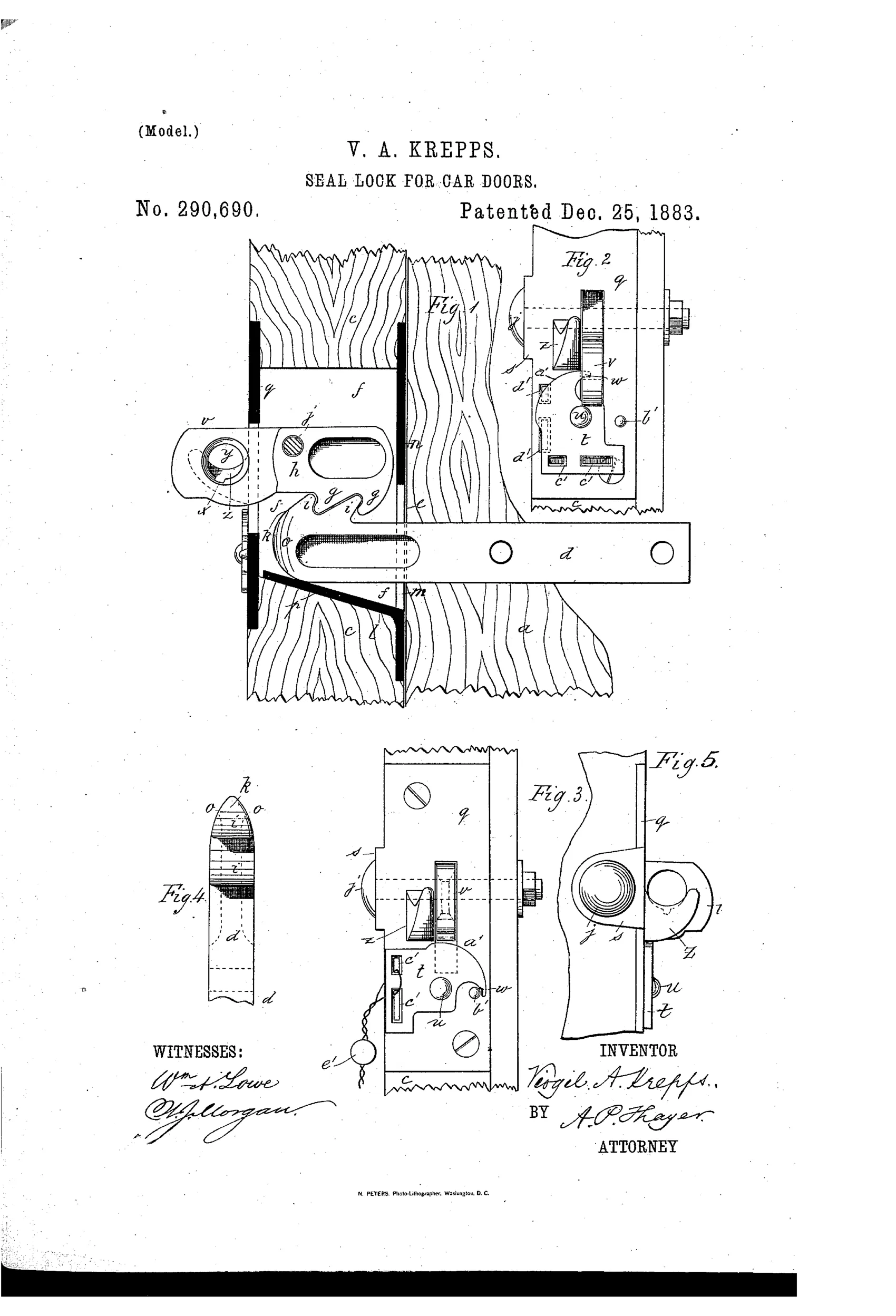 Patent drawing showing a car-door seal lock with a hook-headed sliding bolt, a pivoted gravity catch inside a lock-case mounted on the wood door jamb, and a separate hook-plate for holding the catch up and securing it with a wire seal, illustrated across five labeled figures.