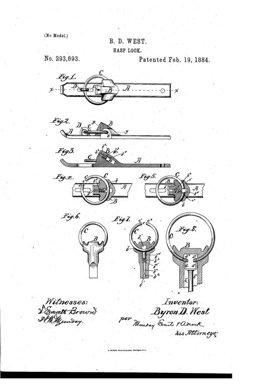 Patent drawing showing a metal hasp with a circular broken locking ring mounted at one end, plus detailed cross-sections of the internal spring-loaded locking pin and a key-operated padlock variant.