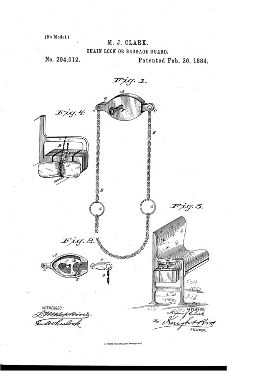 Patent drawing showing an oval padlock connected to a long chain with two loop rings, alongside a cutaway view of the lock's internal spring mechanism and two illustrations of the chain securing luggage to a bench and a rack.