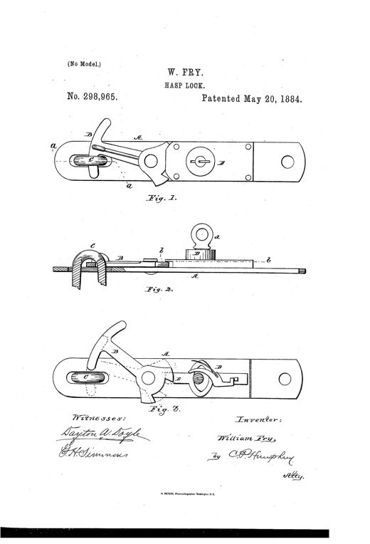 Patent drawing showing a metal hasp bar with a pivoted hook, a circular key-operated lock mechanism, and a locking staple slot, illustrated in three views: front elevation, plan section, and front elevation with lock-plate removed.