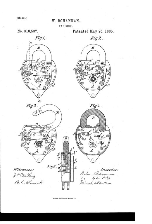 Patent drawing of a padlock showing five figures: cutaway side views of the lock body with shackle, spring bolt, and pivoted tumbler mechanism, plus a cross-sectional view of the key.