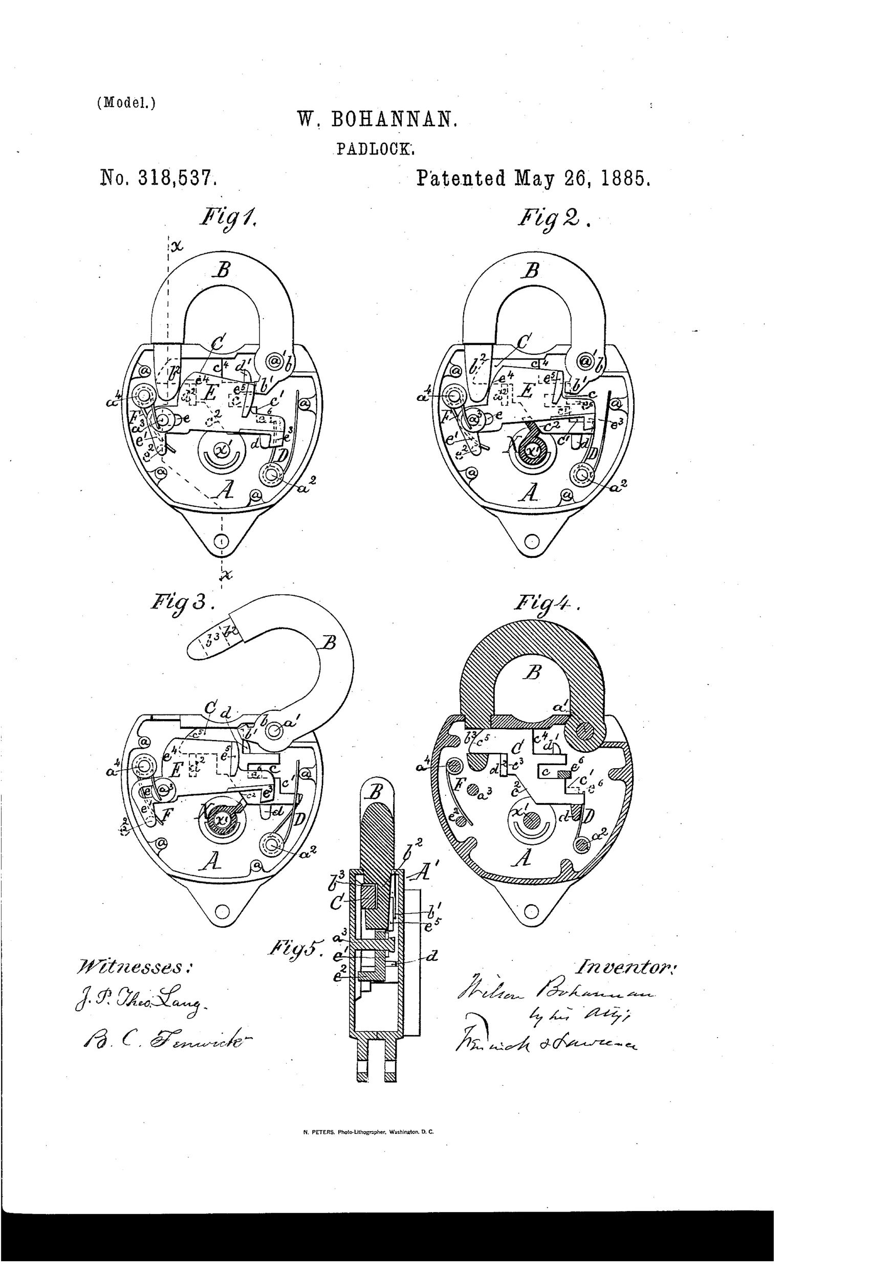 Patent drawing of a padlock showing five figures: cutaway side views of the lock body with shackle, spring bolt, and pivoted tumbler mechanism, plus a cross-sectional view of the key.