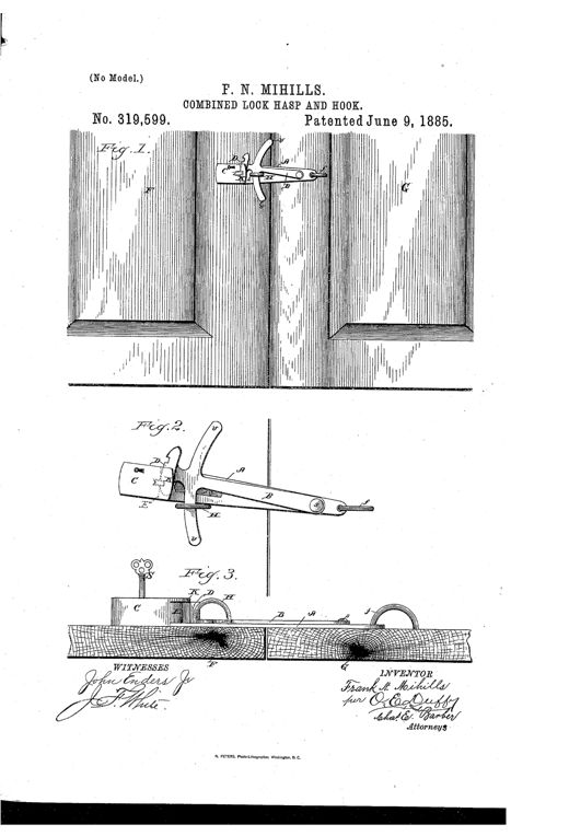 Patent drawing showing a pair of paneled double doors with an ornate pivoted lock hasp and hook mounted at their meeting edge, plus enlarged detail views of the hook's wedge-shaped head, spring-lock housing, and key.