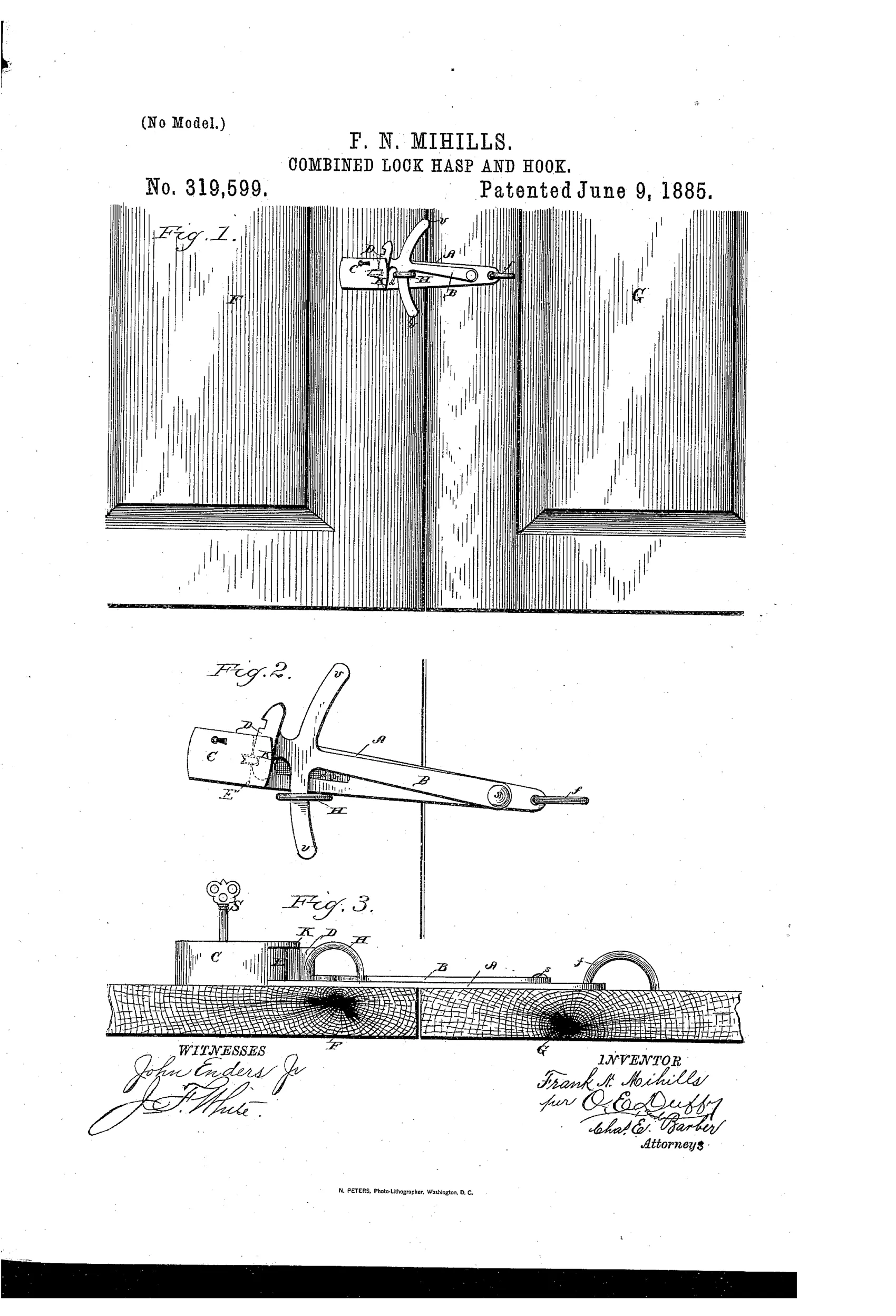 Patent drawing showing a pair of paneled double doors with an ornate pivoted lock hasp and hook mounted at their meeting edge, plus enlarged detail views of the hook's wedge-shaped head, spring-lock housing, and key.
