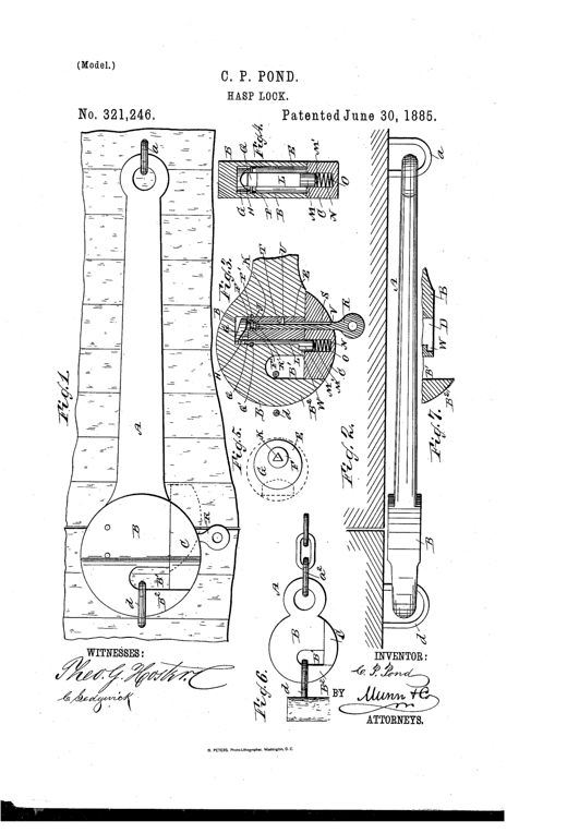 Patent drawing showing a long curved hasp with a hook-prong end, a cutaway lock mechanism with an internal sliding bolt and spring, a cam-notched key head, and a modified chain-attached hasp variant.