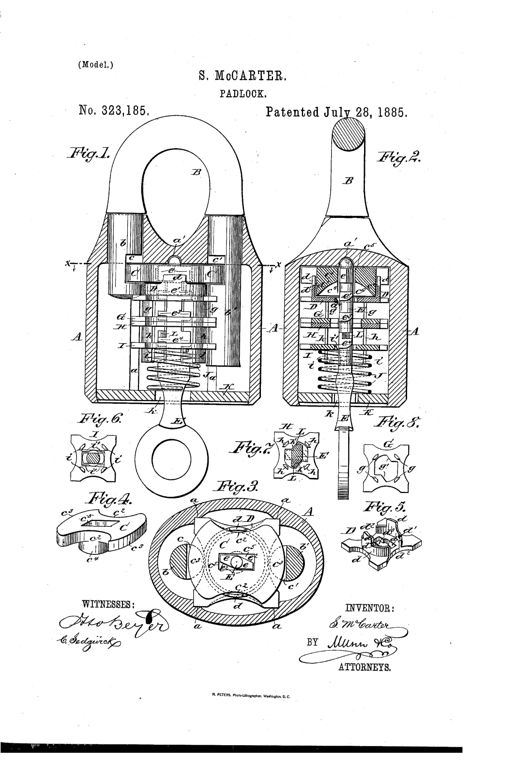 Patent drawing of a Scandinavian-style padlock showing a cutaway body with shackle B, notched tumbler C, clutch plate D, interchangeable wards G H I, and a spring-loaded key E with double bits, alongside smaller face-view details of the tumbler, clutch, and wards.