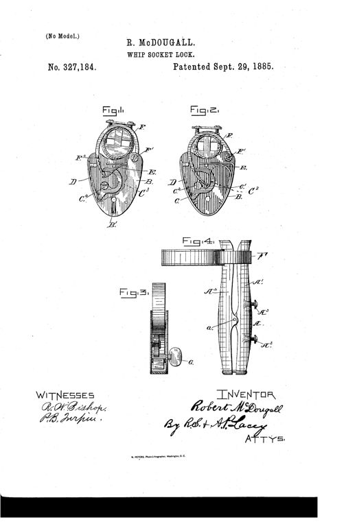 Patent drawing showing four figures: two plan views of an oval whip-socket lock casing with internal bolt, springs, and a toothed shackle labeled with letters B through F, an edge view showing the lock's layered construction, and a side view of the split semi-cylindrical whip socket with a key inserted at the top.